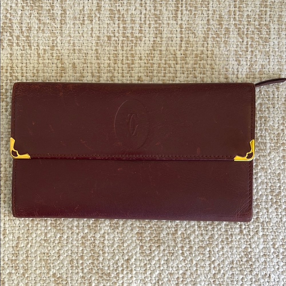Cartier Bordeaux Burgundy Leather Wallet with 24K Gold Details